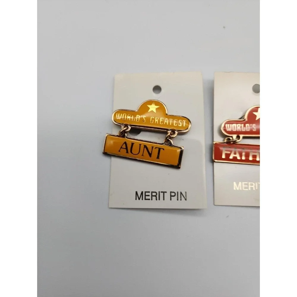 3 World's Greatest Father Aunt Uncle Dangle Pin‎ Gold Tone Enamel Vintage 1978